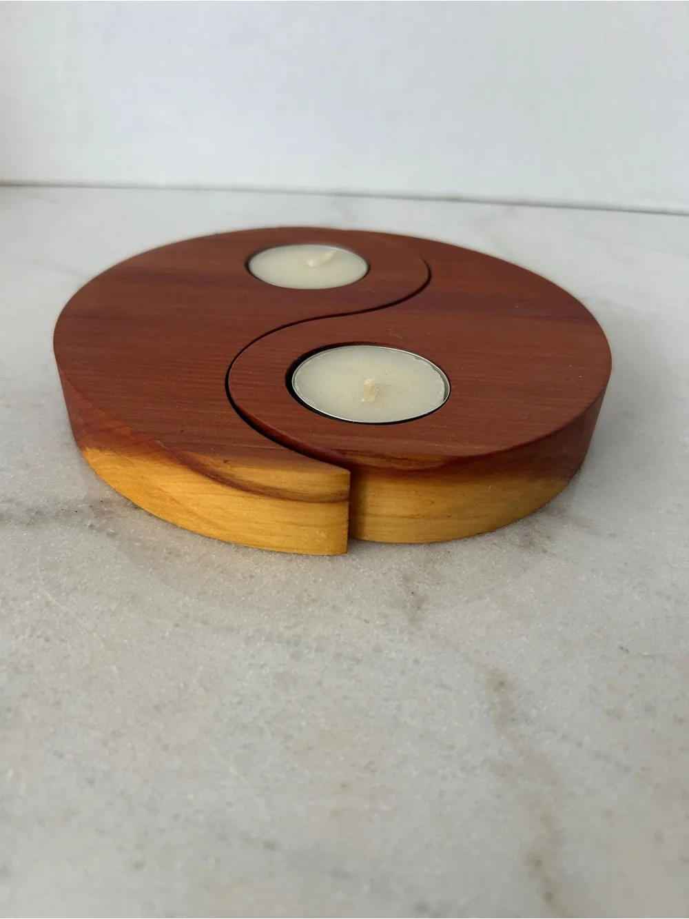 Handcrafted Wooden Yin Yang Tea Light Holder - Brown